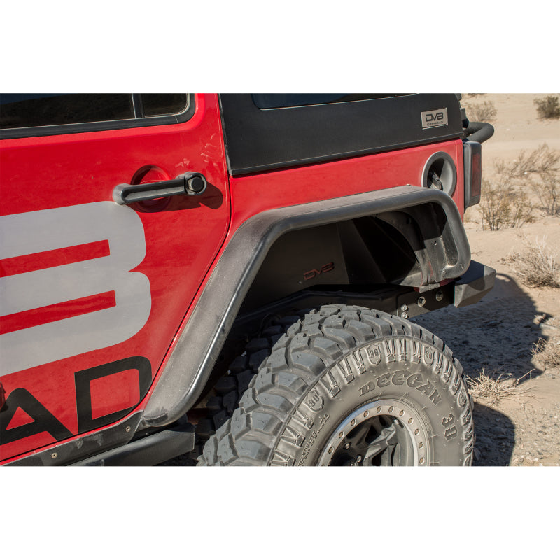 DV8 Offroad 07-18 Jeep Wrangler JK Front & Rear Flat Tube Fenders on red Jeep