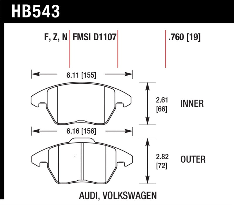 Hawk HP+ Street Brake Pads dimensions for Audi, Volkswagen