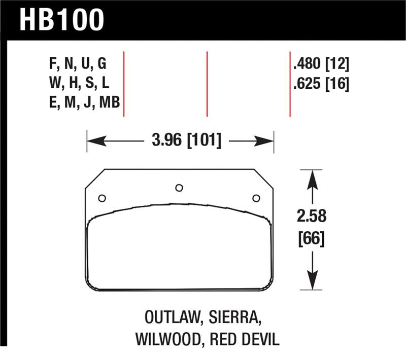 Hawk Wilwood DL/Outlaw/Sierra 12mm HPS 5.0 Street Brake Pads dimensions