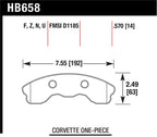 Hawk 2010-2013 Chevy Corvette Grand Sport (One-Piece Pads) High Perf. Street 5.0 Front Brake Pads specifications diagram