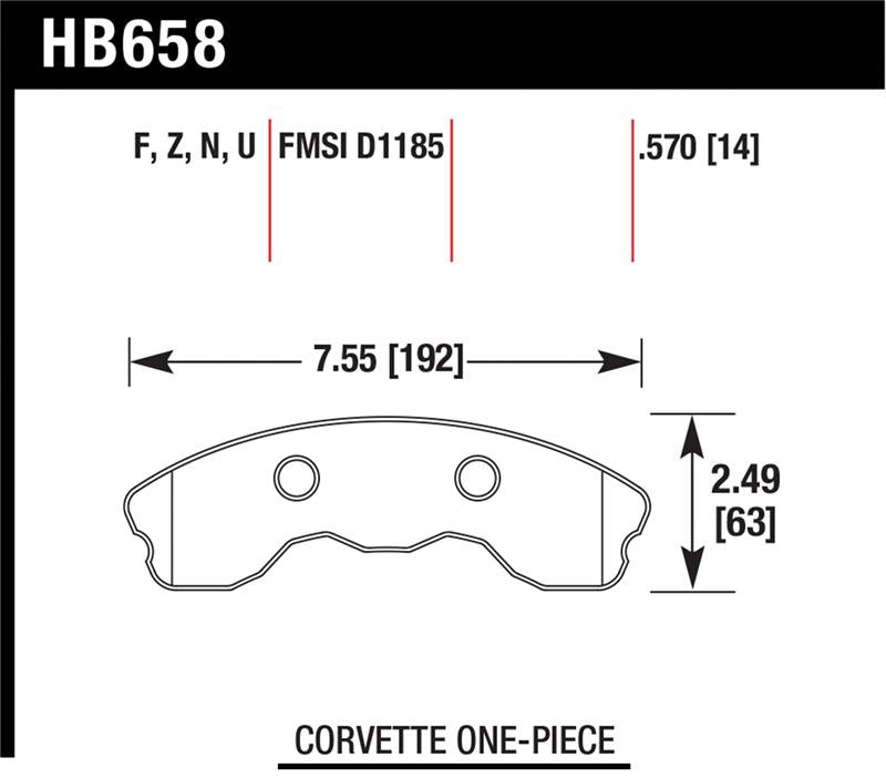 Hawk 2010-2013 Chevy Corvette Grand Sport (One-Piece Pads) High Perf. Street 5.0 Front Brake Pads specifications diagram