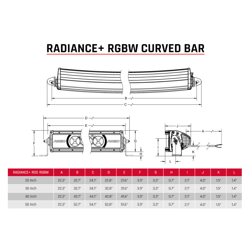 Rigid Industries Radiance+ Curved 40in. RGBW Light Bar dimensions and specs.
