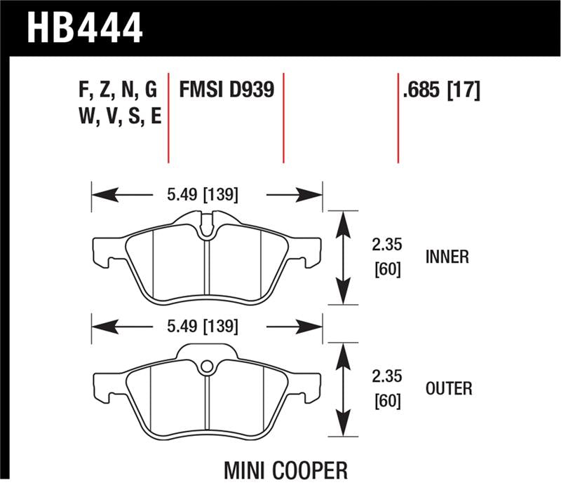 Hawk 02-06 Mini Cooper / Cooper S HPS Street Front Brake Pads dimensions and specifications.