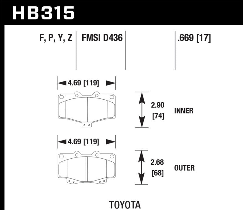 Hawk LTS Street Brake Pads specifications for Toyota vehicles