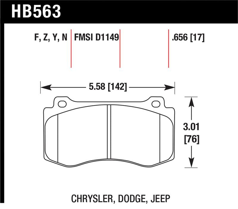 Hawk 06-07 Dodge Magnum SRT8 / 06-09 Challenger SRT8 / 05-07/09 Chrysler 300 C SRT8 Performance Cera brake pad dimensions image.