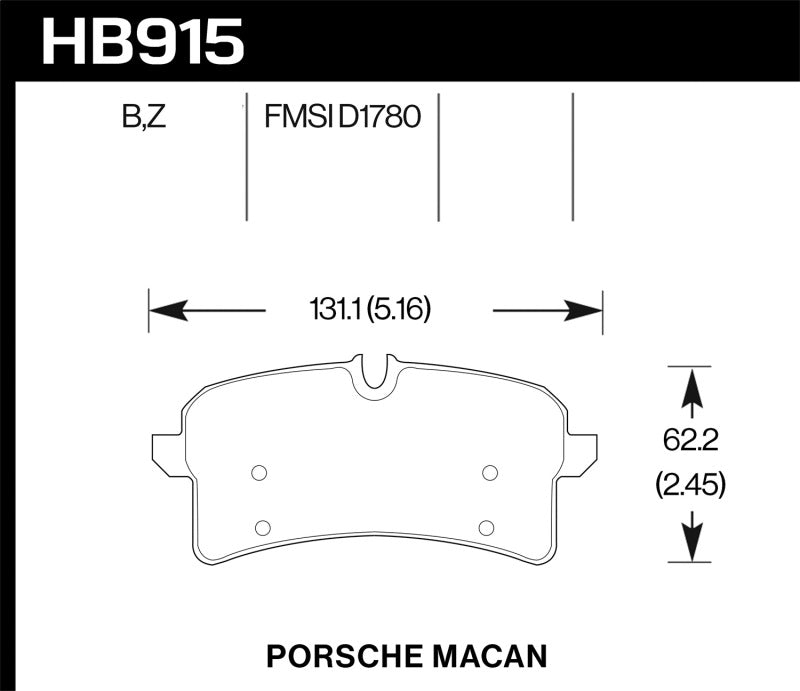 Hawk 16-18 Porsche Macan Performance Ceramic Street Rear Brake Pads dimensions