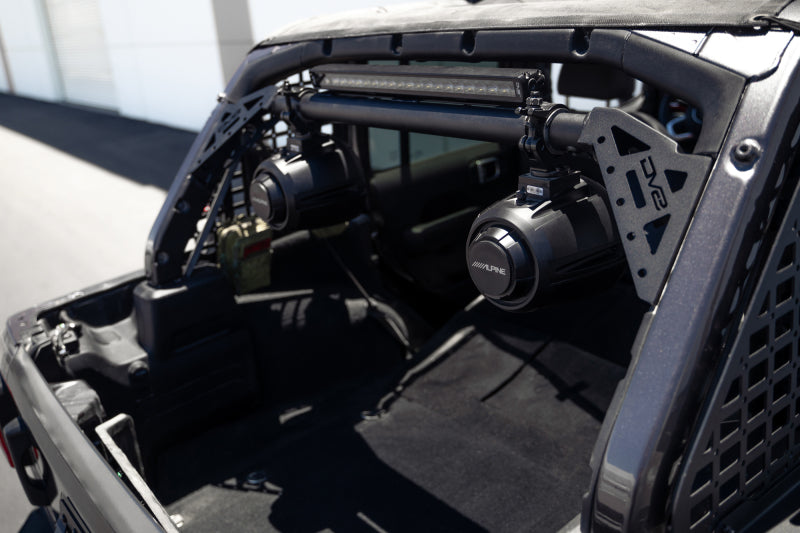 DV8 Offroad 18-23 Jeep Wrangler JL 4-Door Speaker/Light Bar Mount with speakers and light bar installed