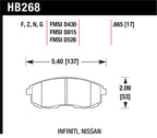 Hawk 03-04 G35/03-05 G35X/02-05 350z w/o Brembo HP+ Street Front Brake Pads dimensions and specifications