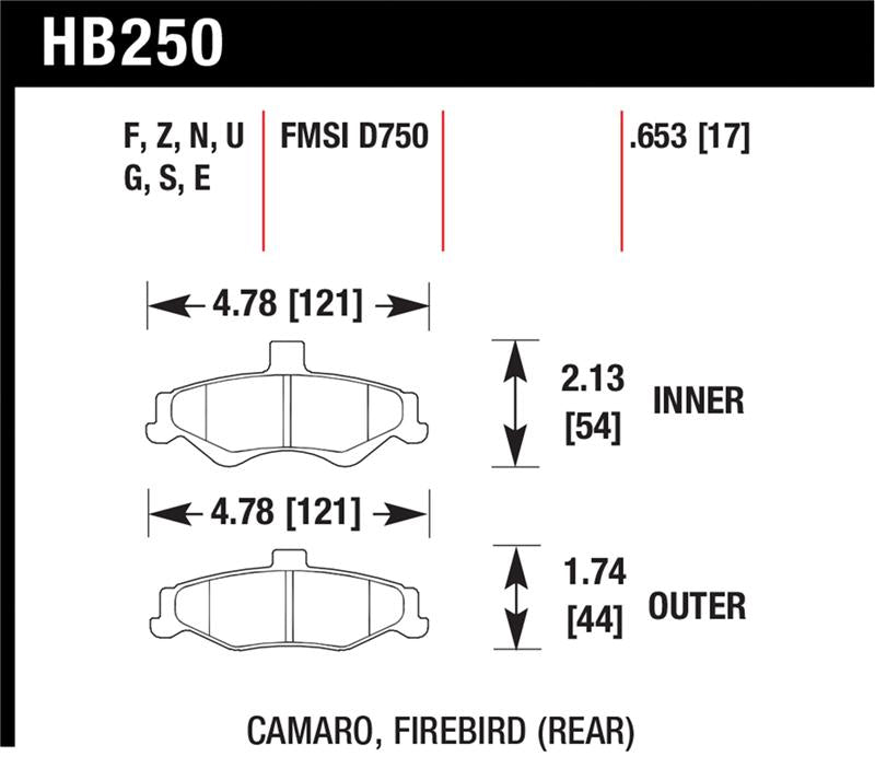 HB250 dimensions for Hawk 98-02 Chevrolet Camaro 5.7L/3.8L / 98-02 Pontiac Firebird 5.7L/3.8L HPS Street Rear Brake Pads