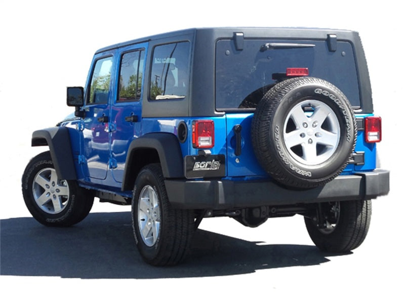 Borla 12-15 Jeep Wrangler 3.6L V6 Auto/Manual Trans Turndown Tip Dual Left Rear Exit Exhaust on blue Jeep