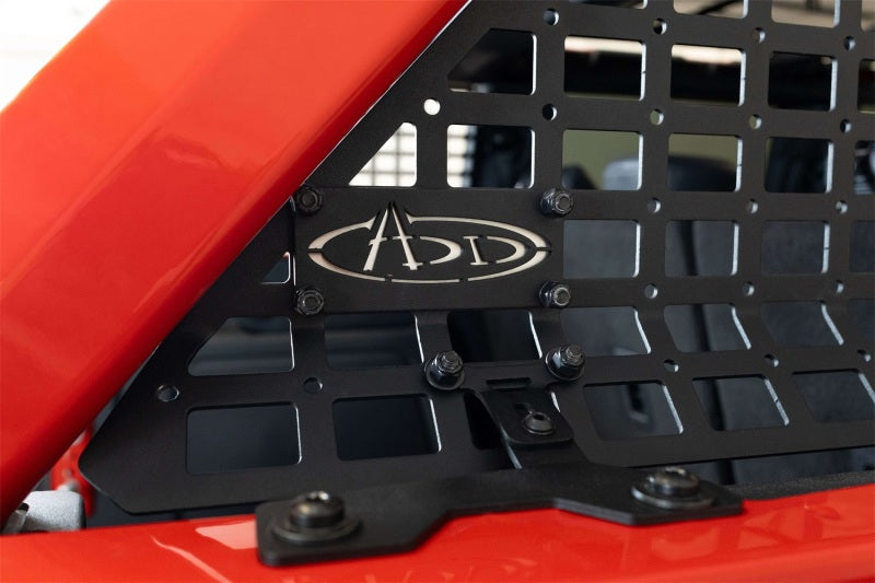 Close-up of Addictive Desert Designs21-23 Ford Bronco & Bronco Raptor Rear Window Molle Storage Panels detail.
