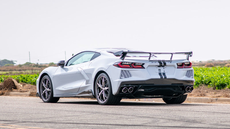 Borla 2020 Chevrolet Corvette C8 6.2L ATAK 3in Exhaust System Dual Round A/C Tips 4inx 4.75in on a white Corvette