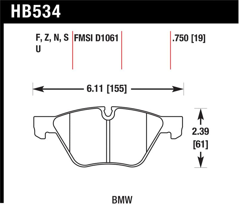 Hawk 09-11 BMW Z4 / 04-05 525I / 08-11 128I / 06 325I/325XI / 07 328I/328XI HPS Street Front Brake Pad specifications
