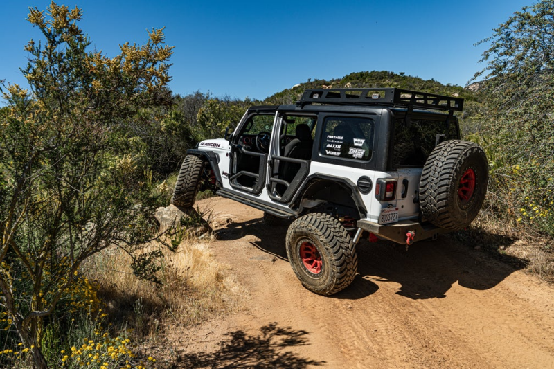Body Armor 4x4 2018+ Jeep Wrangler JL Gladiator JT Tube Doors Rear Pair on off-road trail.