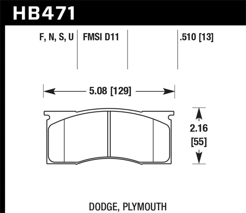 Hawk HPS Street Brake Pads dimensions for Dodge, Plymouth