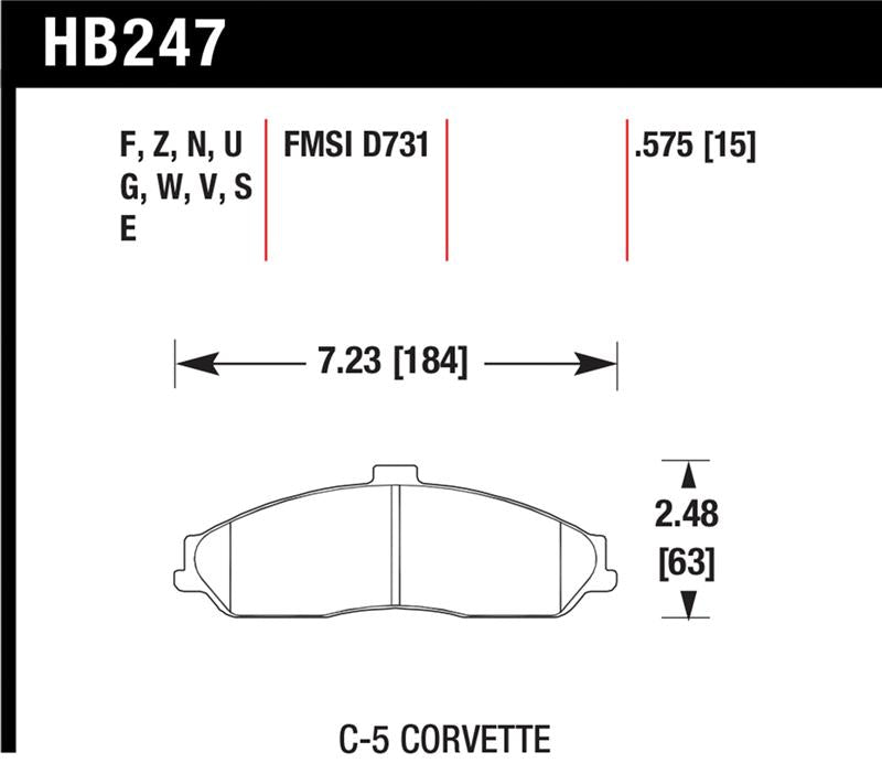 Hawk 97-06 Corvette (incl C5 Z06) HP+ Street Front Brake Pads dimensions and specifications image.