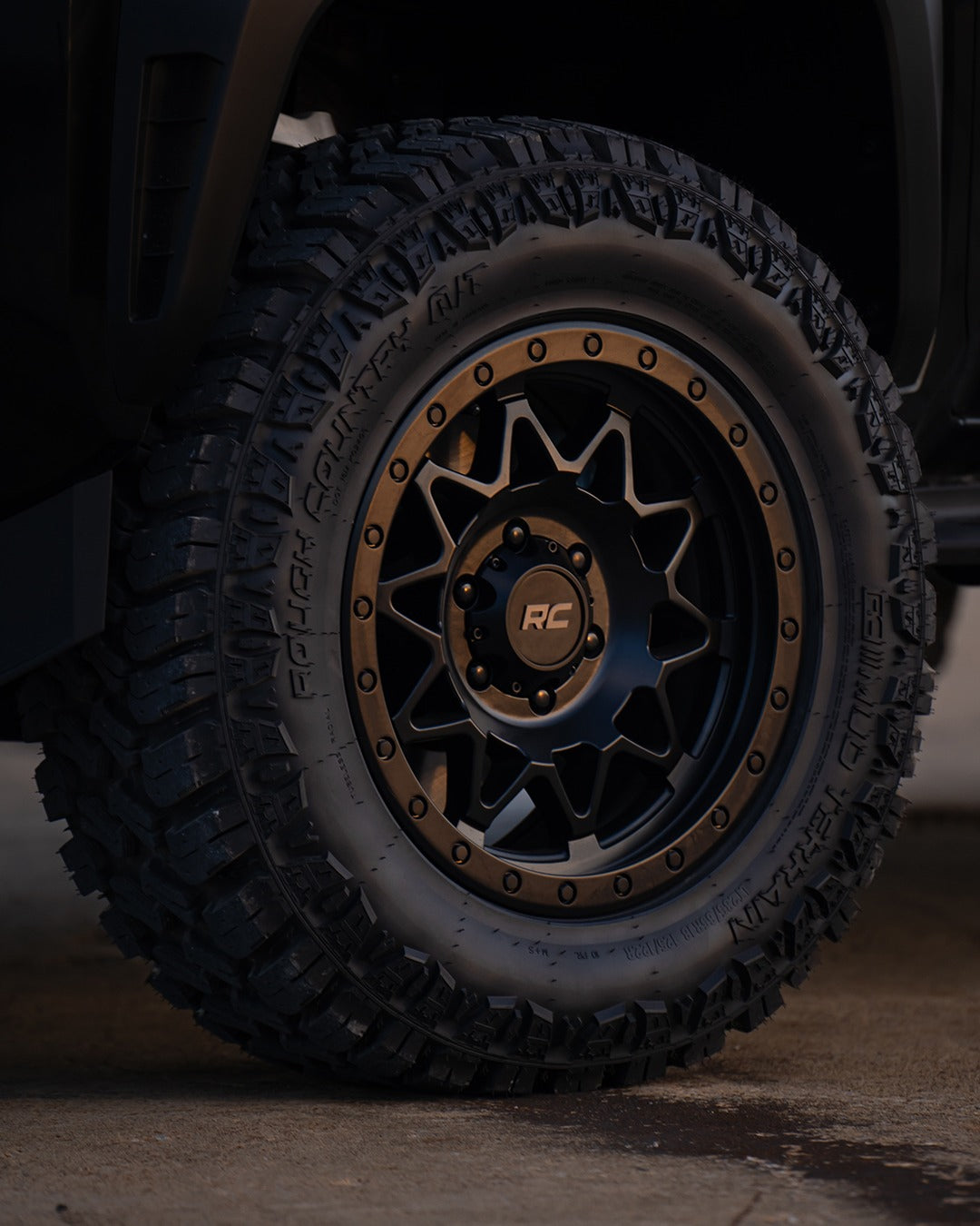 Offroad wheels installed on a truck with rugged tires for performance.