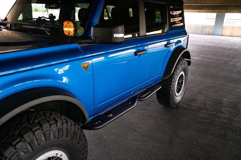 DV8 Offroad 21-22 Ford Bronco OE Plus Series Side Steps on blue Bronco