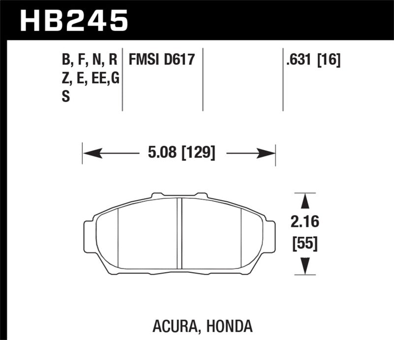HB245 specifications for Hawk 94-01 Acura Integra (excl Type R) DTC-60 Race Front Brake Pads