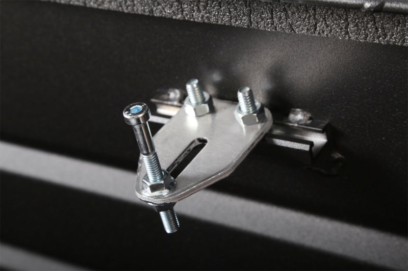 Deezee Universal Tool Box - Red Crossover - Single Lid Black BT Pull Handle (Low/Txt Blk) installation hardware detail.