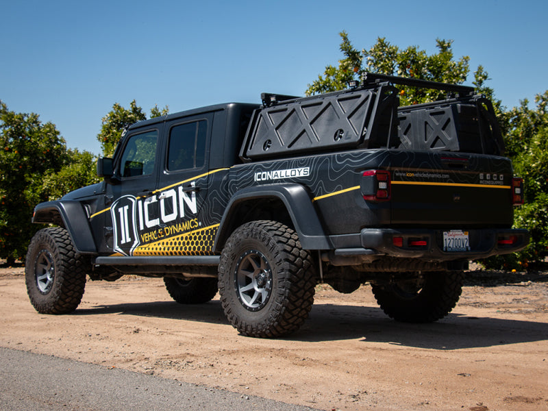 ICON 2020+ Jeep Gladiator JT 2.5in Stage 1 Suspension System on rugged terrain with offroad parts and accessories.