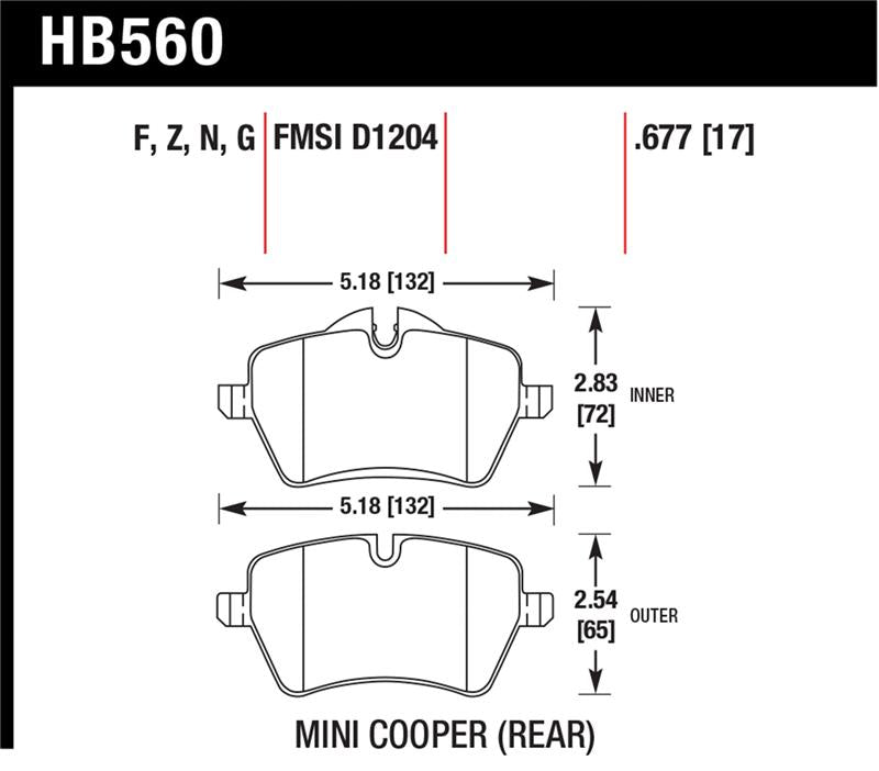 Hawk 05-06 JCW R53 Cooper S & 07+ R56 Cooper S HPS Street Front Brake Pads dimensions illustration