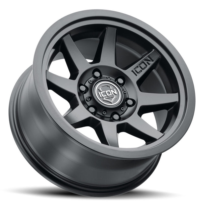 ICON Rebound 17x8.5 6x5.5 25mm Offset 5.75in BS 95.1mm Bore Satin Black Wheel for offroad performance upgrades.