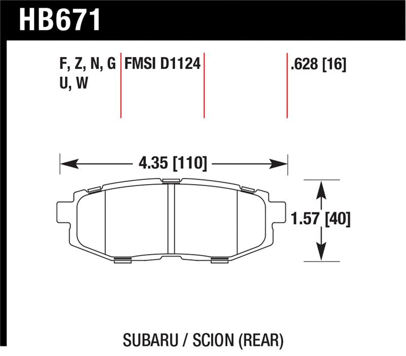 Hawk 11+ Subaru Legacy GT HPS Street Rear Brake Pads dimensions