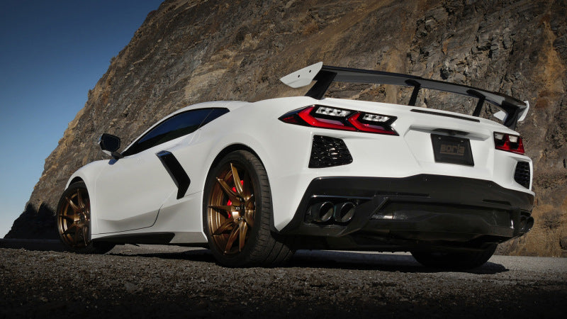 Borla 2020 Chevrolet Corvette C8 6.2 ATAK 3in Exhaust System Dual Round Rolled A/C Black Chrome Tips on white sports car.