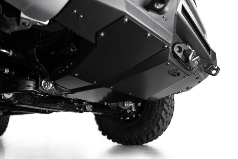 Addictive Desert Designs 2024 Toyota Tacoma Stealth Center Mount Winch Front Bumper with skid plate and offroad wheels.
