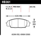 HB361 dimensions for Hawk 02-06 Acura RSX / 06-11 Honda Si / 00-09 S2000 DTC-70 Race Front Brake Pads.