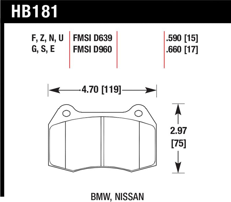 Hawk 94-97 BMW 840CI/850CI HPS Front Street Brake Pads dimensions