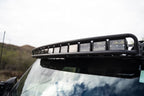 DV8 21+ Ford Bronco Curved Light Bracket for 12 3in. Pod Lights mounted on windshield, enhancing offroad lighting.