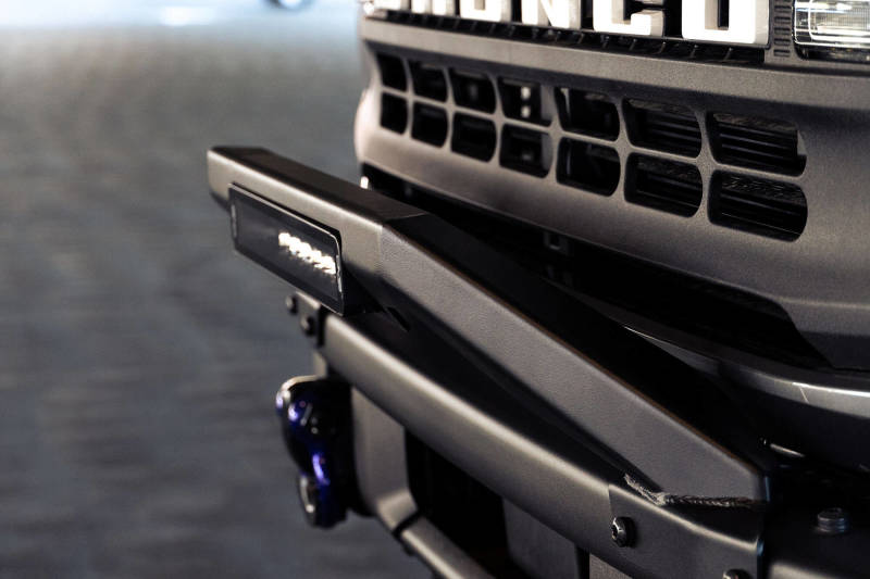DV8 Offroad 21-22 Ford Bronco Factory Modular Front Bumper Bull Bar showcasing low profile design and sleek finish.