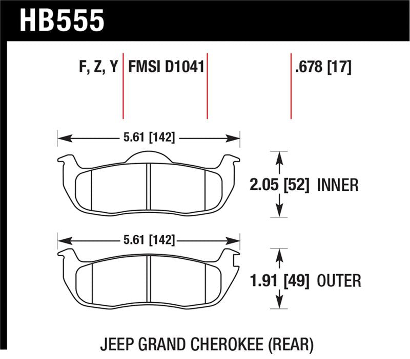 Hawk 06-10 Jeep Commander / 05-10 Grand Cherokee rear brake pad dimensions