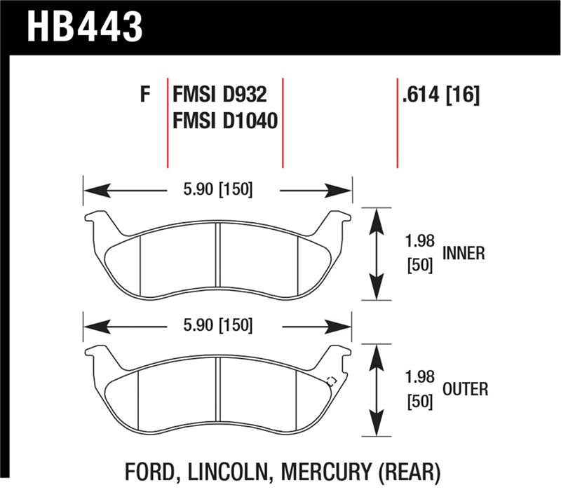 Hawk HPS Street Brake Pads dimensions for Ford Lincoln Mercury