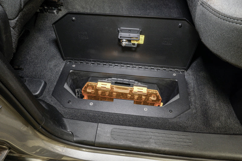 Tuffy Infloor Lid W/ Keyed Lock For Ram Trucks Crew Cab installed in truck floor compartment.