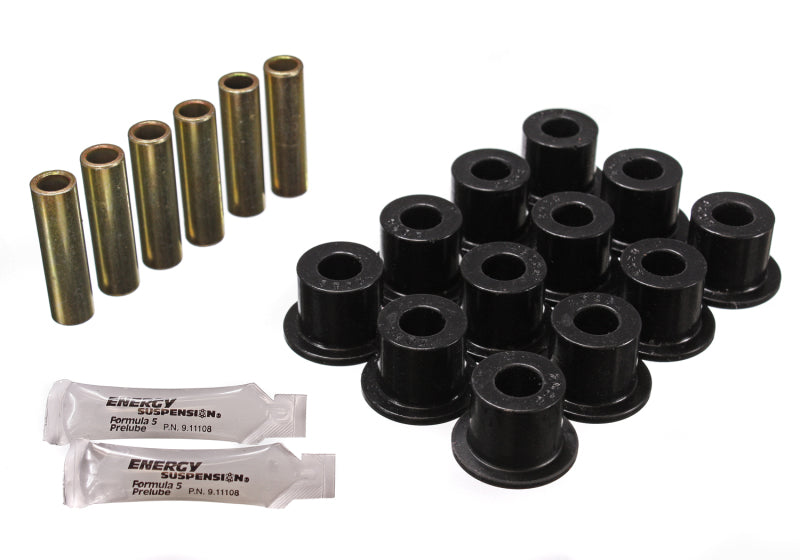Energy Suspension 72-81 Scout II Black Front & Rear Leaf Spring Bushing Set components with bushings and sleeves