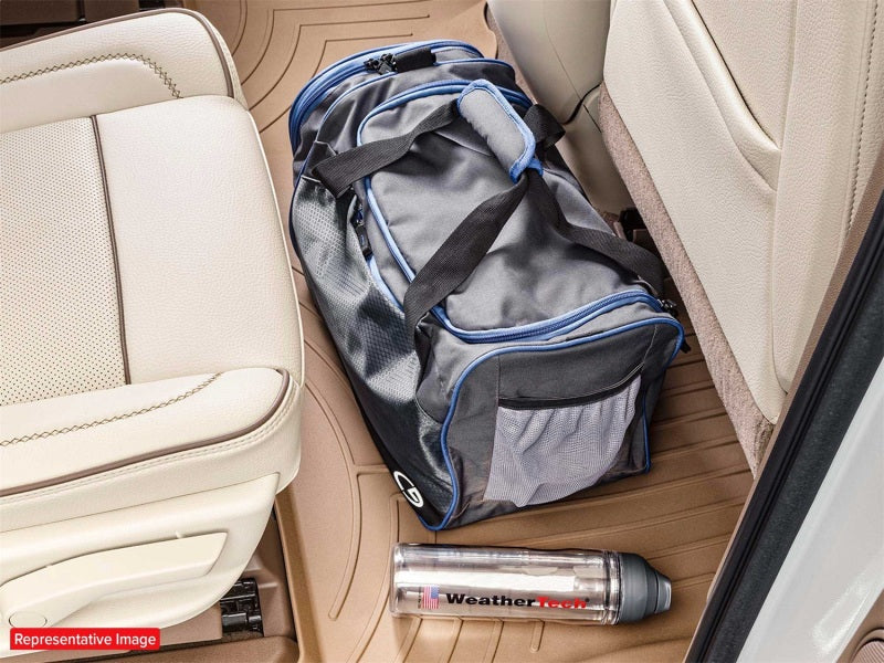 WeatherTech 2017+ Ford F-250/F-350/F-450/F-550 Crew Cab Rear FloorLiner HP - Black with travel bag and water bottle.