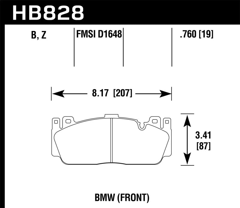Hawk 12-17 BMW M6 / 14-17 BMW M6 Gran Coupe / 13-16 BMW M5 Performance Ceramic Front Brake Pads dimensions illustration