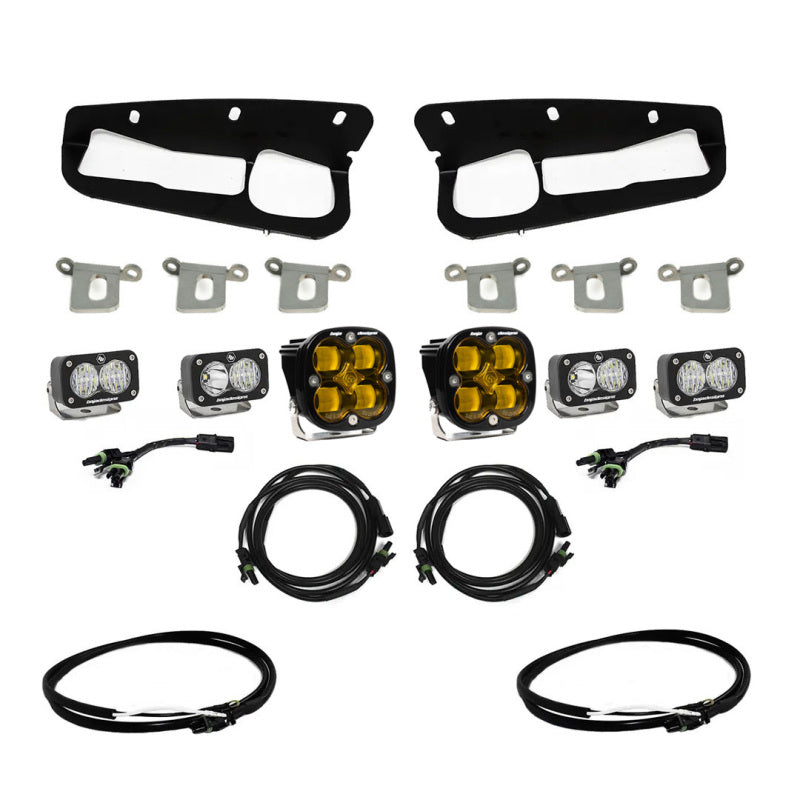 Baja Designs 2021+ Ford Bronco Amber SAE Fog Pocket Kit w/Upfitter components for offroad lighting and electrical.