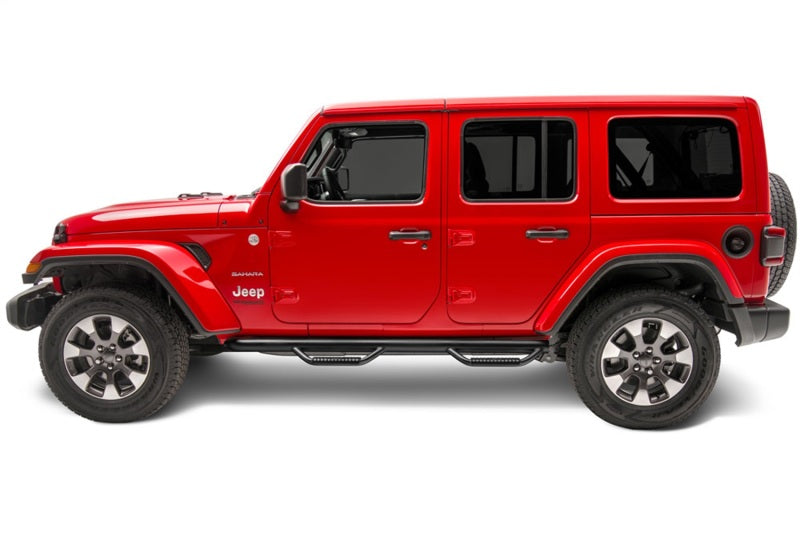 N-Fab Nerf Step 2018 Jeep Wrangler JL SUV 4 Door- Tex. Black - W2W - 3in. side view with exterior accessories.