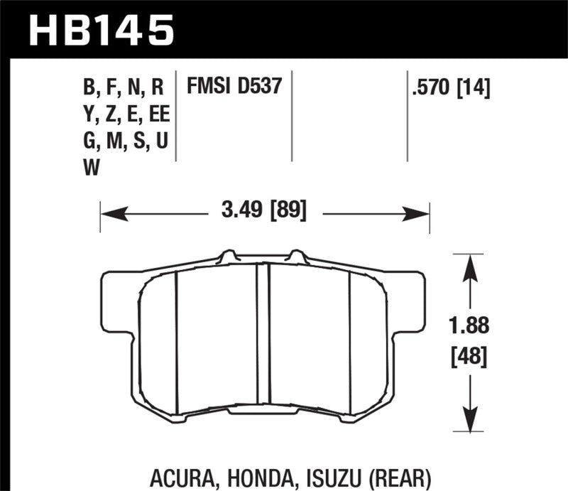 Hawk Acura / Honda / Suzuki DTC-30 Race Rear Brake Pads specifications diagram