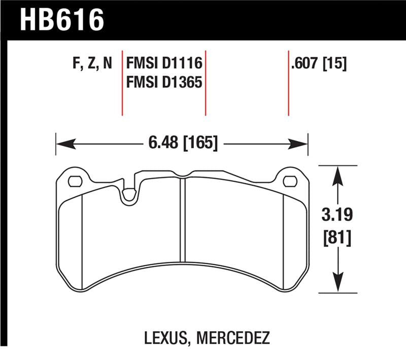 Hawk 08-11 Lexus IS-F / 05-06 M Benz CLK55 AMG / 07-08 CLK63 AMG DTC-60 Race Front Brake Pads dimensions diagram