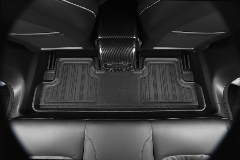 3D MAXpider 22-24 Tesla Model X 6-Seat Elitect Black R1 R2 R3 floor liners in vehicle interior.