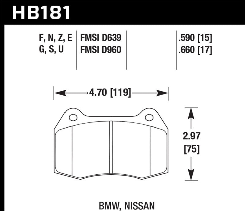 HB181 brake pad specifications for BMW and Nissan vehicles
