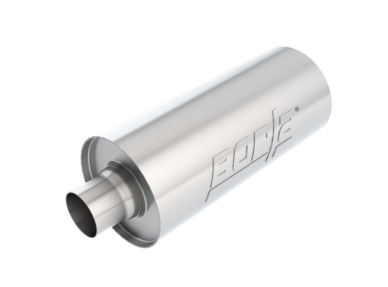 Borla Universal Performance 2.5in Inlet/Outlet Stainless Racing Muffler for offroad performance upgrades.