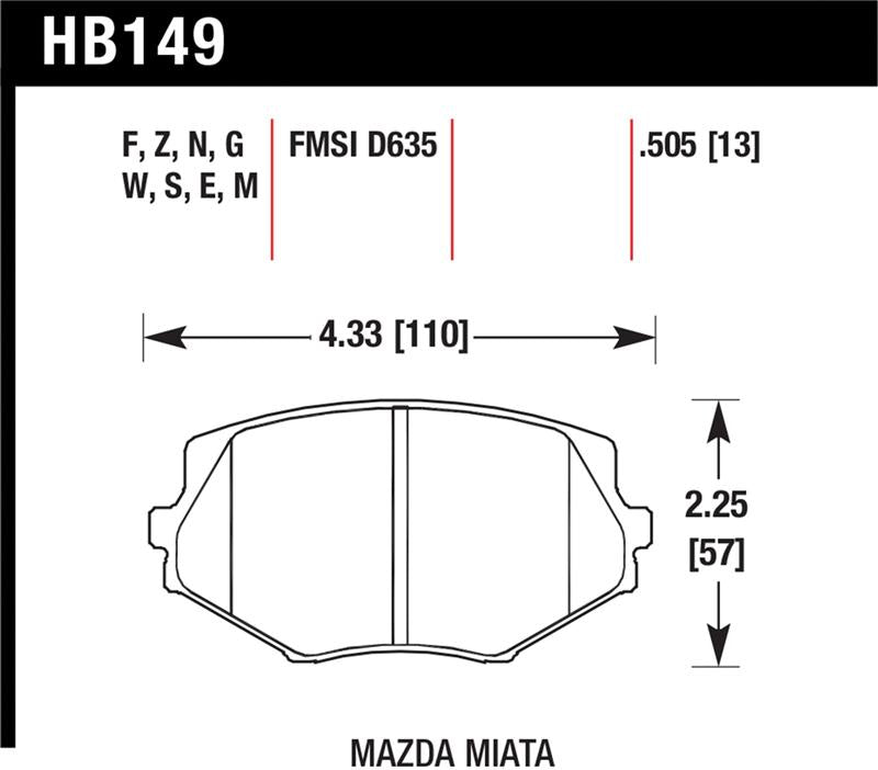 Hawk 94-05 Miata / 01-05 Normal Suspension HP+ Street Front Brake Pads (D635) specifications diagram.