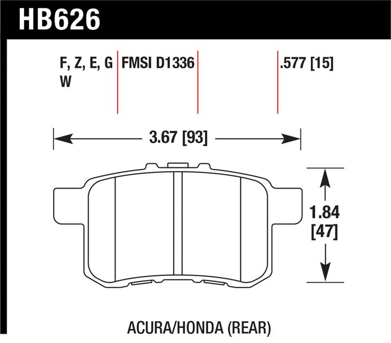 Hawk 08-10 Honda Accord 2.4L/3.0L/3.5L / 09-10 Acura TST 2.4L HPS Street Rear Brake Pads dimensions diagram