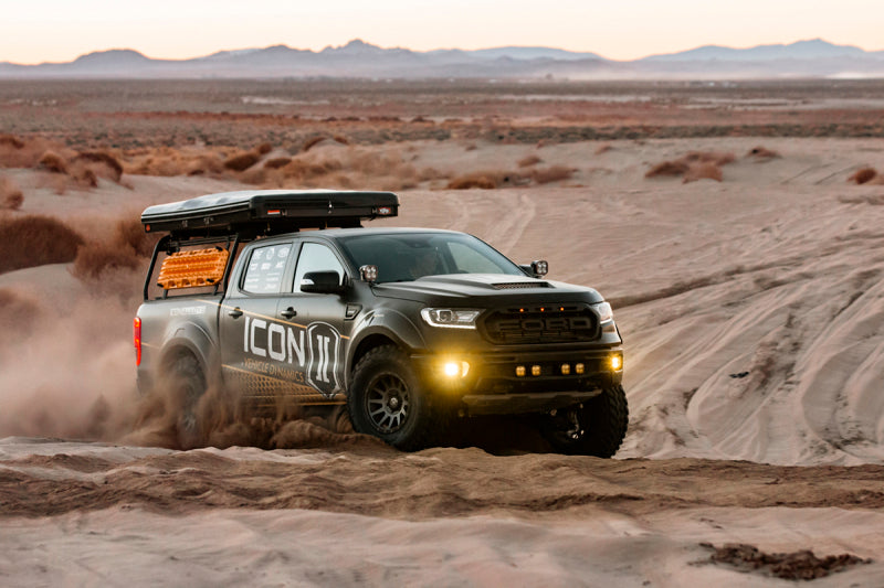 ICON 2019+ Ford Ranger Multi Rate Leaf Pack w/Add In Leaf offroading in desert.